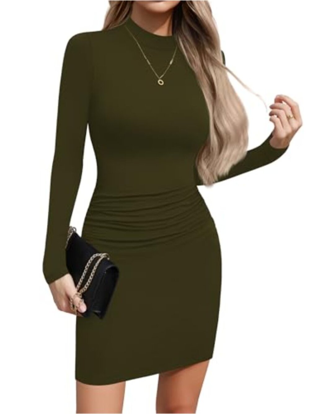 Women's Mock Neck Long Sleeve Ruched Bodycon Dress Casual Sheath Double Lined